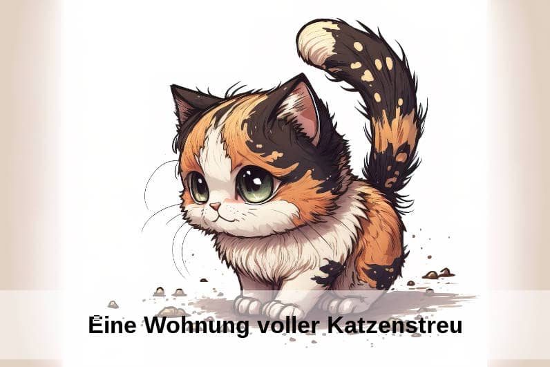 Eine kleine Katze mit Streu im Fell steht auf Katzenstreukrümeln.